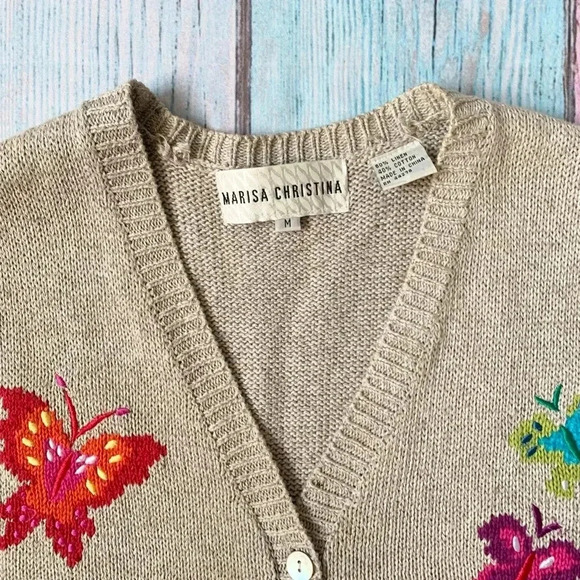 Vintage cotton linen blend V-neck sweater vest with butterflies - Picture 6 of 8